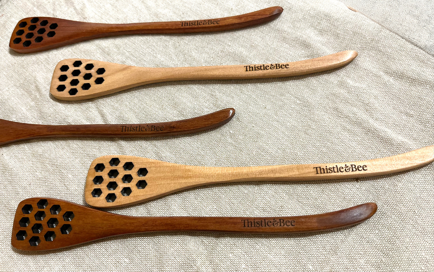 Thistle and Bee Engraved Honey Dippers With Hex Holes